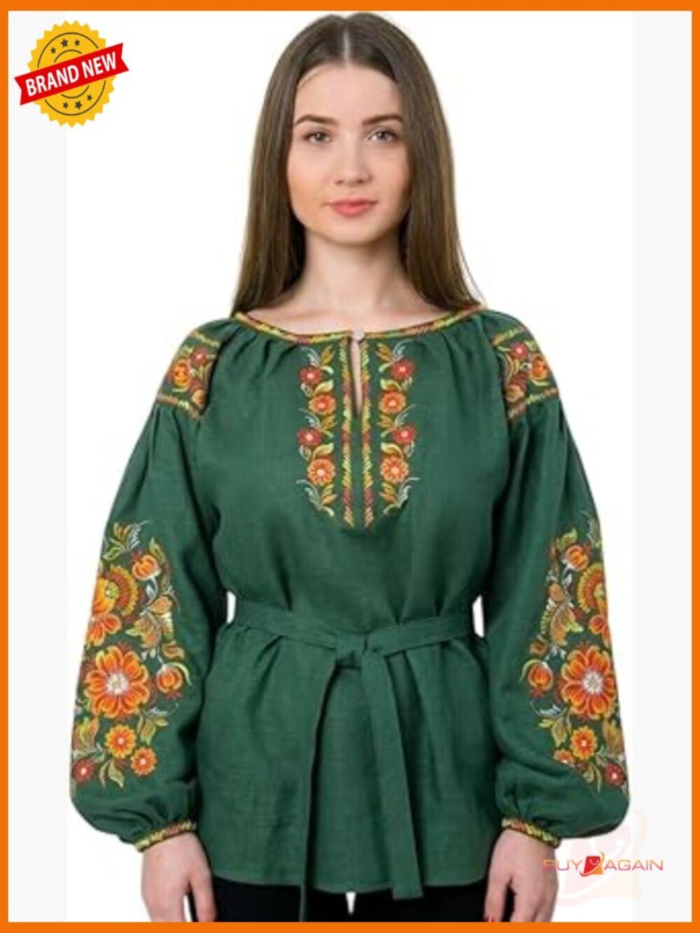 100% Linen Blouse with Folk Embroidery, Relaxed Fit, Long Sleeve